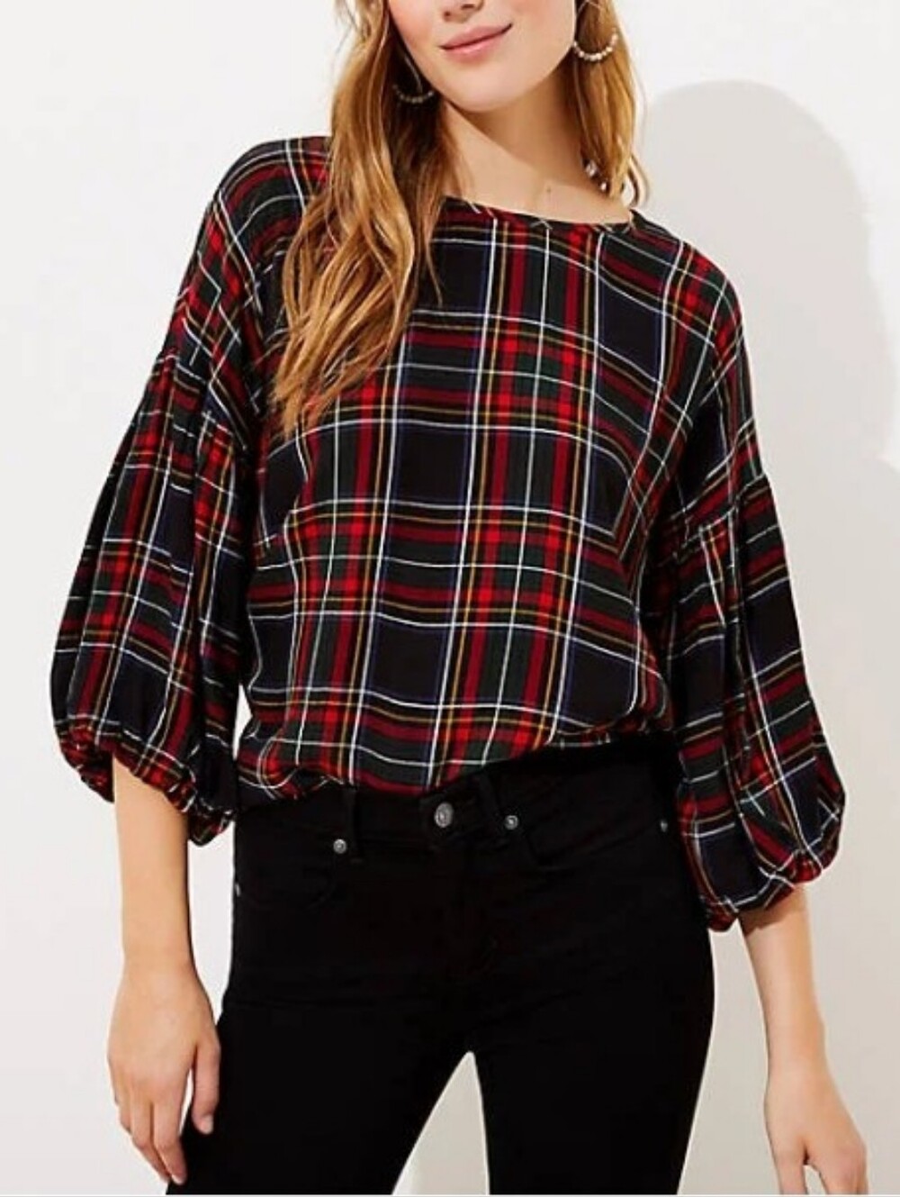 Loft Plus Tartan Plaid Blacl Green Red Yellow Button Down Back Blouse EUC